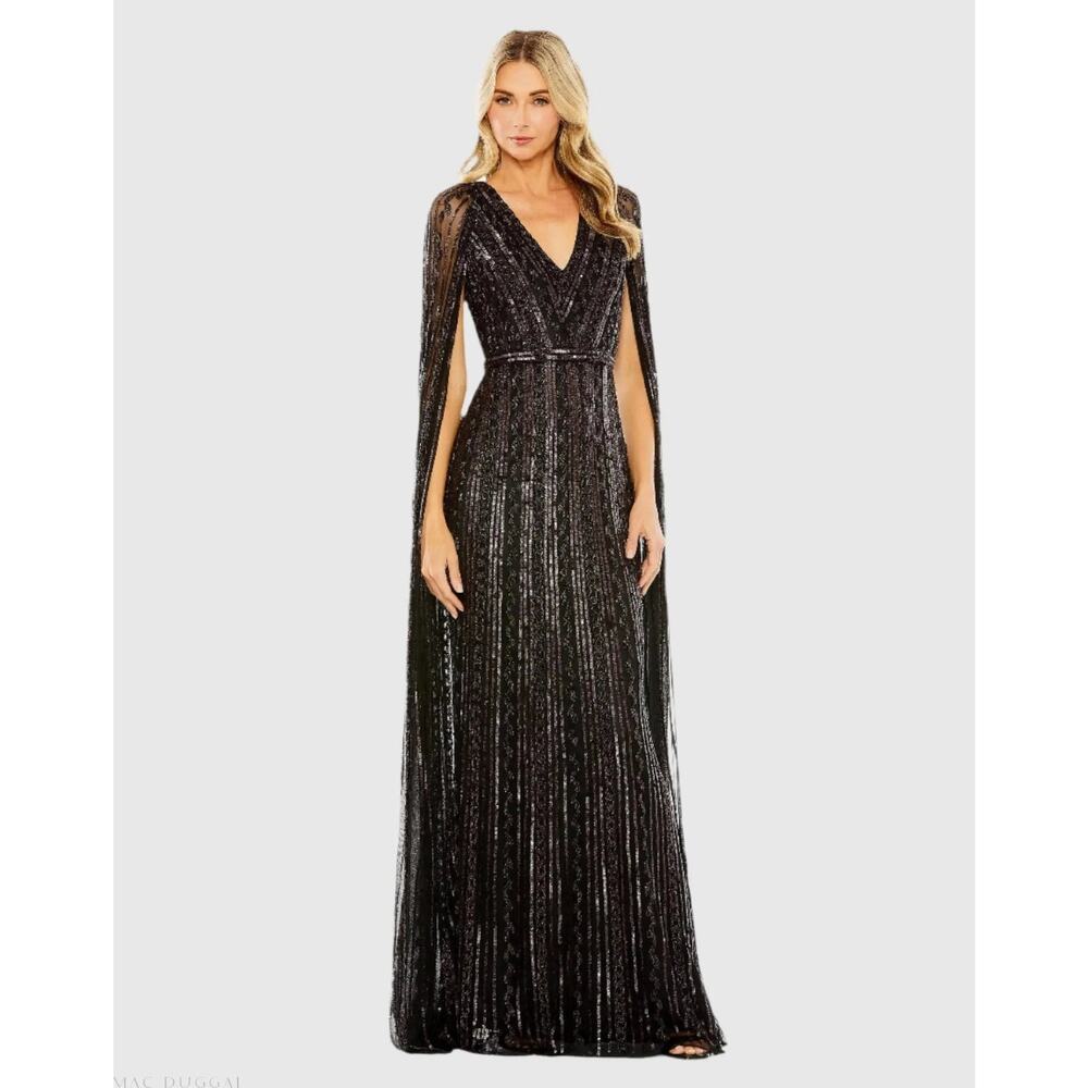Mac Duggal 5915 Black Sequined V-Neck Gown with Cape Sleeves Dress Sz 10 NWOT